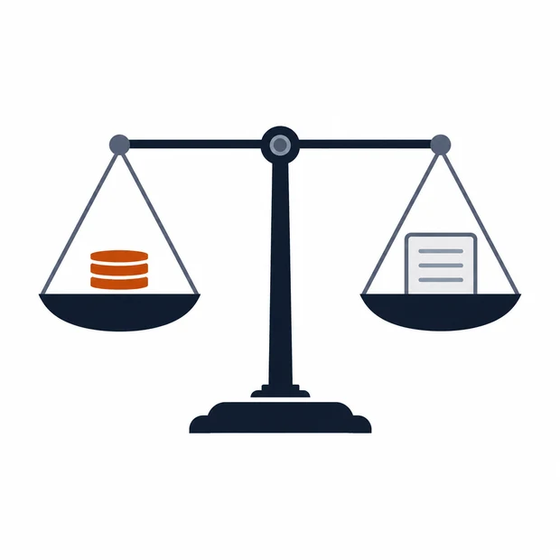 A balance scale staying level with coins on one side and a record on the other