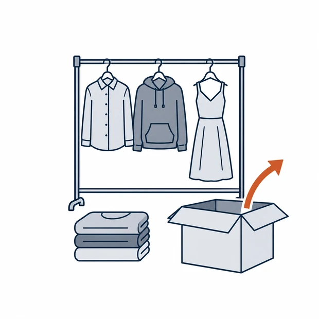 A clothes rail with garments, a folded stack beside it and a carton with an arrow leading out